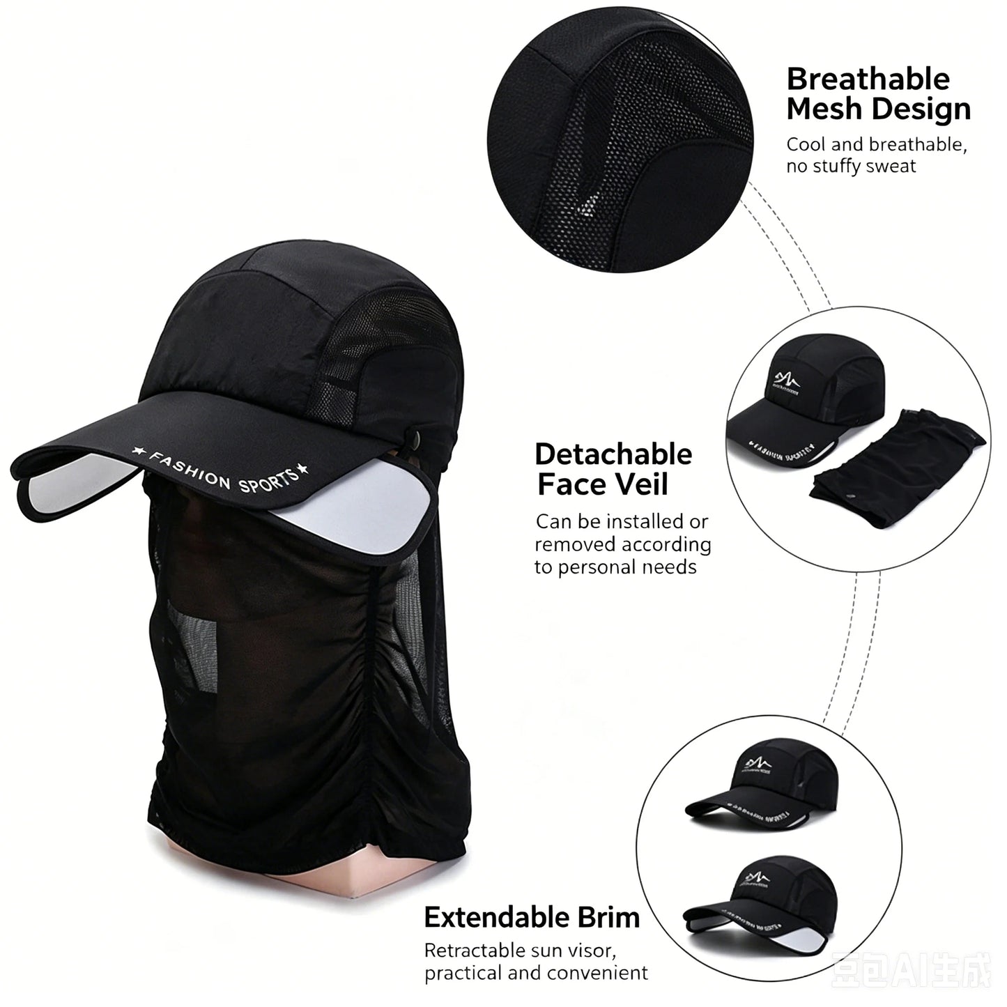 Retractable Visor Sun Cap with Detachable Neck & Face Cover
