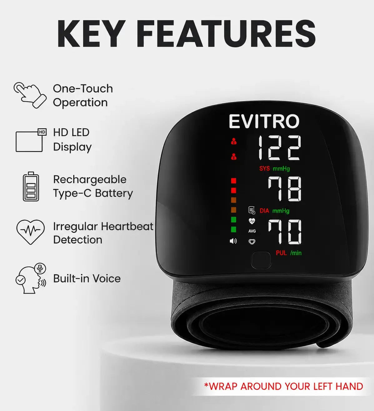 Rechargeable Wrist BP Monitor – Digital LED Display & Voice